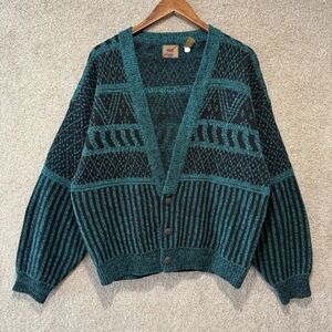 VTG 80s Saturdays Knit Cardigan XL Teal Black Aztec Grandpacore Carlton Cotton